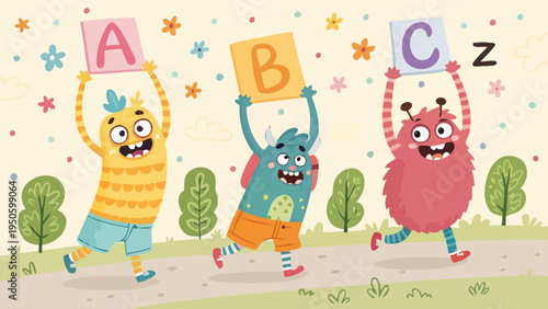 Three cheerful monsters holding alphabet letters a, b, c in a playful outdoor scene for education, letter a, letter b, letter c