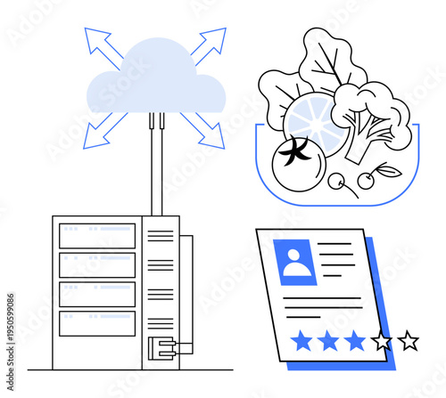 Cloud server distributing data, fresh vegetables and fruits, and a profile report with rating stars. Ideal for technology, cloud computing, food industry, health, user experience, data management
