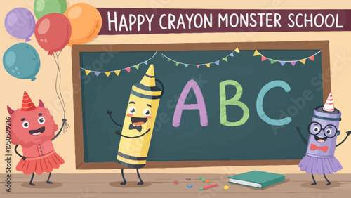 Happy crayon monster characters and abc letters on a blackboard at school, celebrating education