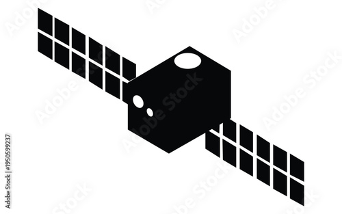 Black and white isometric satellite icon showing solar panels and main body sensor