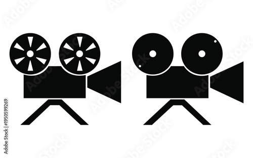 Vintage cinema camera silhouettes with film reels and lens for video production art