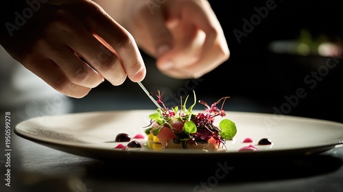 Professional chef using tweezers to garnish gourmet sea scallops