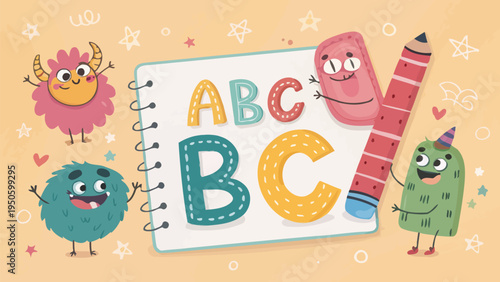 Monsters and abc letters on a notepad page, fun creative learning concept for children