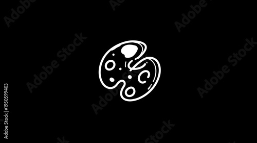 Hand Drawn White Outline Artist's Palette with Paint Spots on Black Background - Artistic Creativity Illustration