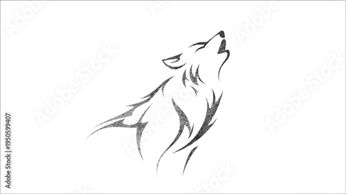 Stylized tribal wolf howling illustration. Minimalist black and white design of a wild animal, depicting strength and freedom.
