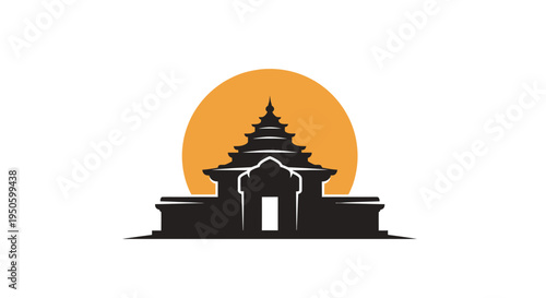 Ancient Temple Silhouette with Radiant Orange Sun on Isolated White Background