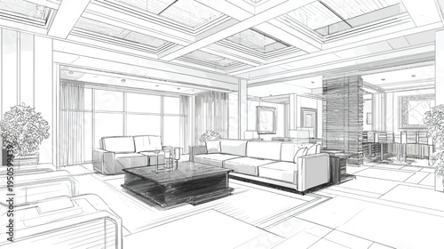 Detailed architectural sketch of a modern luxury living room interior design concept, elegant residential space drawing.