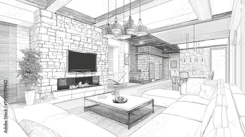 Hand-drawn architectural sketch of a modern luxury open concept living room and dining area with stone fireplace and sofa