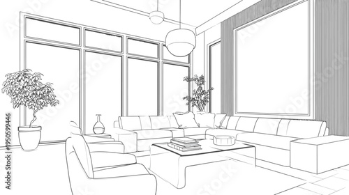 Modern Living Room Interior Design Sketch Line Drawing. Contemporary Home Architecture Blueprint with Sofa, Coffee Table, Windows.