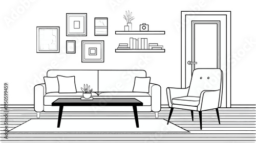 Modern Living Room Interior Outline Illustration with Sofa, Armchair, Coffee Table, and Wall Decor
