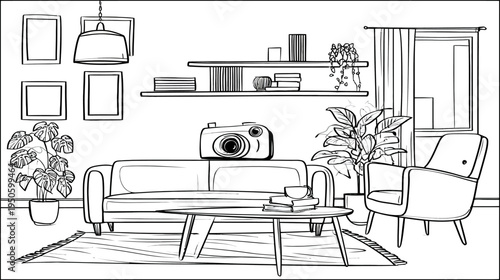 Hand-drawn vector sketch of a modern living room interior with a camera, sofa, armchair, plants, and cozy home decor