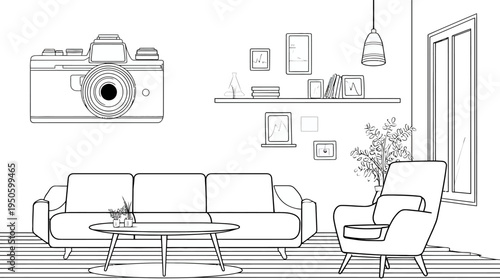 Line art illustration of a modern living room interior featuring a large vintage camera on the wall, sofa, armchair, and coffee table.