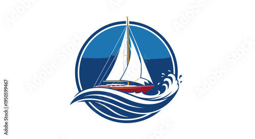 Classic Sailboat Navigating Ocean Waves in Blue Circle on Isolated White Background