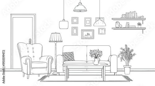 Modern living room interior design sketch illustration. Cozy home furniture outline art with sofa, armchair, coffee table, and decor.