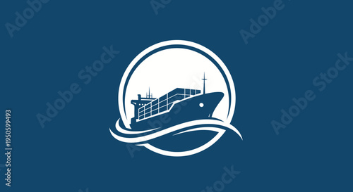Large Cargo Ship Sailing on Ocean Waves in Blue Circle on Isolated White Background