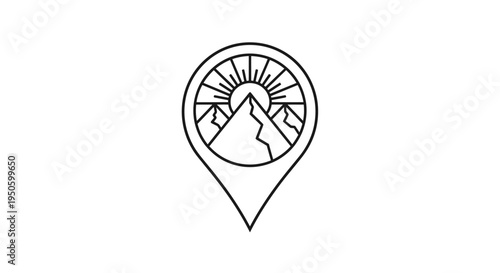 Outline Location Pin Marker with Mountains and Sun Travel Logo on Isolated White Background