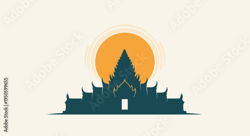Ancient Temple Pagoda Silhouette with Sun Cultural Heritage Logo Design