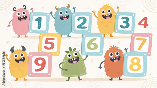 Cute monsters learning numbers 1-9 educational illustration for children's books and school materials