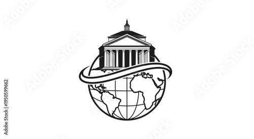 Outline Global Law Building on Earth Globe Logo for International Education and Justice on Isolated White Background
