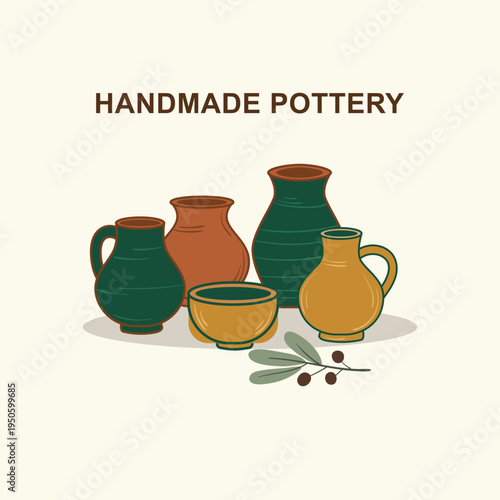 Composition of ceramic pots, jars, and bowls with olive branches