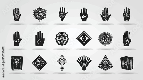 Collection of Esoteric and Mystical Symbols Icon Set. Occult, Spiritual, Alchemy, Fortune Telling, Magic, Palmistry Hand, All-Seeing Eye.