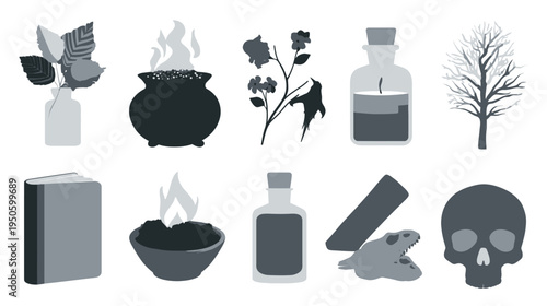 Monochrome Witchcraft and Magic Icons Set: Cauldron, Skull, Potion Bottle, Herbs, Bare Tree, Book, Mystic Elements Vector Art