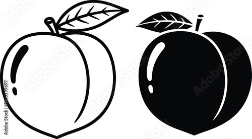 Black and white illustration of two apples with leaves