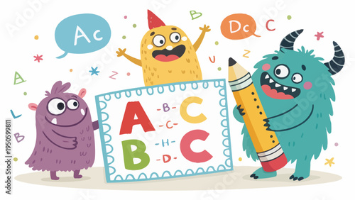 Playful monsters teaching the alphabet abc with pencil and speech bubbles, educational graphic art, speech bubble