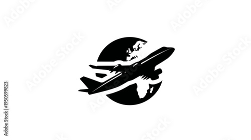 Global travel concept icon with a jet airplane flying around the world map silhouette in black and white