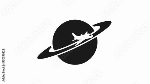 Modern vector icon of airplane orbiting a ringed planet, symbolizing global travel, aerospace, and exploration