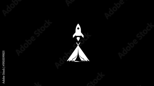 Creative minimalist graphic of a rocket launching from a teepee with a campfire, symbolizing outdoor adventure, exploration, and innovation.