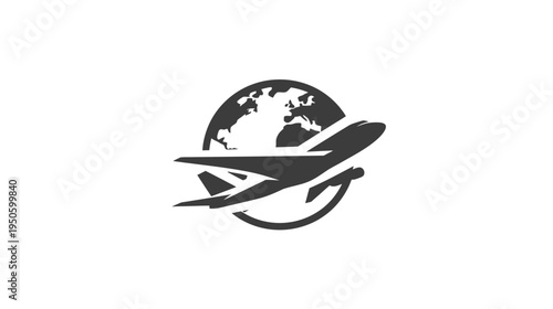 Stylized airplane flying around the Earth globe icon, representing international travel, global transportation, and world tourism.