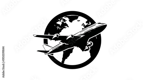 Airplane flying around the world globe icon. Global travel, aviation, and international transport symbol.