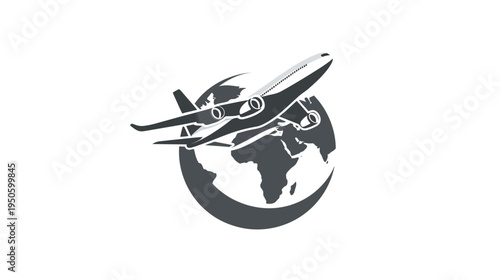 Airplane flying around world globe icon. Global travel, aviation, international transport, and exploration symbol in grayscale.
