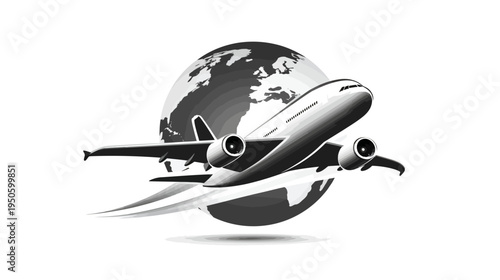 Global airplane travel concept with a modern passenger jet flying around the world, representing international transport, logistics, and tourism.