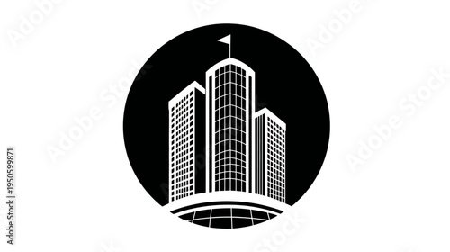 Modern city skyline vector icon with skyscrapers and flag, architectural business building complex graphic symbol