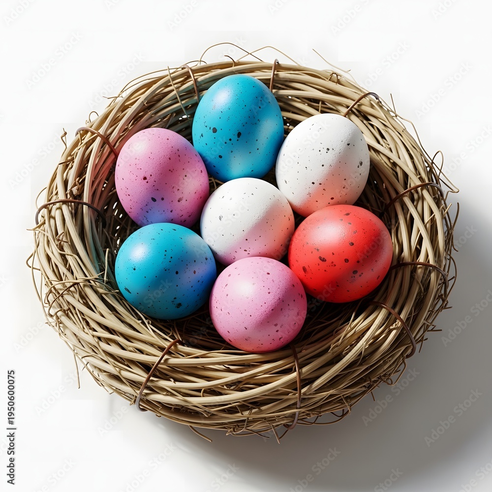 Fototapeta premium Colorful easter eggs in a woven nest on white background