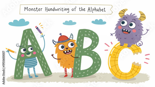 Monsters and large alphabet letters abc with pencils, handwriting practice for kids, letter a, letter b, letter c
