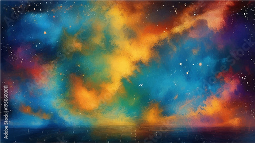 Abstract colorful grunge background featuring a fractal nebula design that blends smoke and fire textures into an imaginative conceptual illustration of universal energy and consciousness