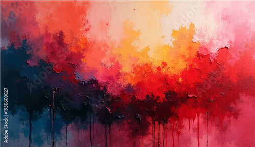 Tranquil abstract grunge background featuring colorful paint splashes reflecting a summer sunset sky over a calm lake landscape at dawn