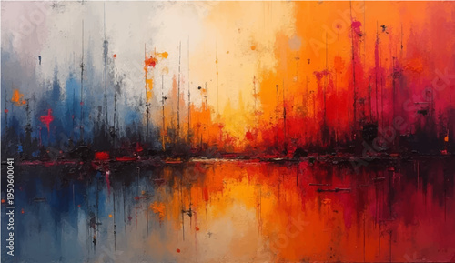 Tranquil abstract grunge background featuring colorful paint splashes reflecting a summer sunset sky over a calm lake landscape at dawn