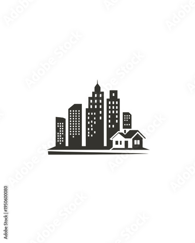 Modern City Skyline Silhouette with Skyscrapers and Residential House Icon. Urban Development, Real Estate, and Home Ownership Concept.