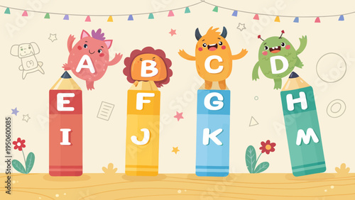 Cute monsters on pencils learning alphabet letters a-m, educational fun for kids, letter a, letter b, letter c, letter d