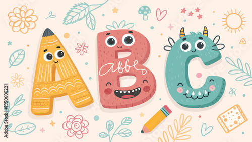 Cute abc letters with smiling monsters and colorful hand-drawn elements for early childhood education and creative designs