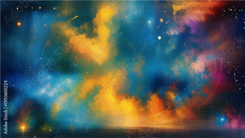 Abstract colorful grunge background featuring a fractal nebula design that blends smoke and fire textures into an imaginative conceptual illustration of universal energy and consciousness