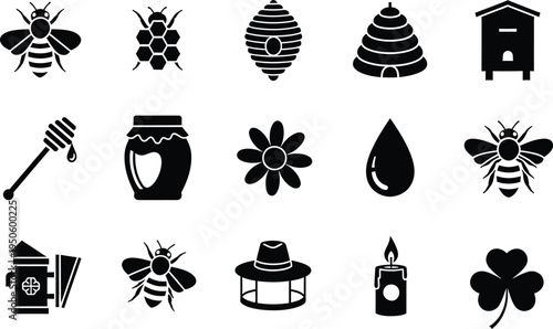Beehive beekeeping icons collection with honey bees hive tools nature elements