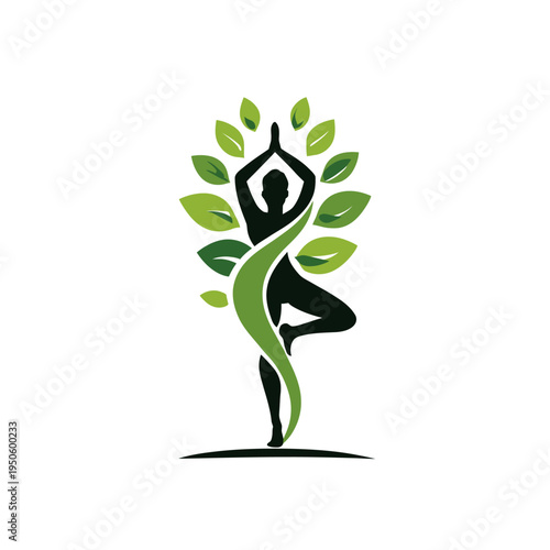 Nature-inspired yoga tree pose silhouette with vibrant green leaves, symbolizing wellness, balance, health, and spiritual growth.