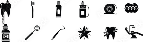 Dental hygiene icons set with toothbrush floss braces dental tools
