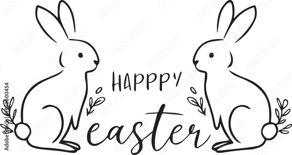 Fototapeta premium Happy Easter Greeting with Two Minimalist Bunny Rabbits and Floral Branch Elements