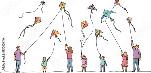 family flying colorful kites outdoors